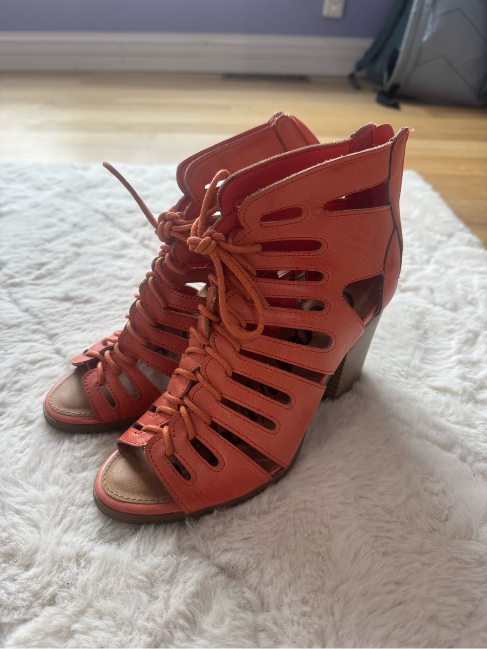 Rampage Orange Lace-Up Cutout Block Heel Sandals